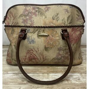 Liz Claiborne Zipper Purse Floral Flower Rose Brown Leather Trim Vintage